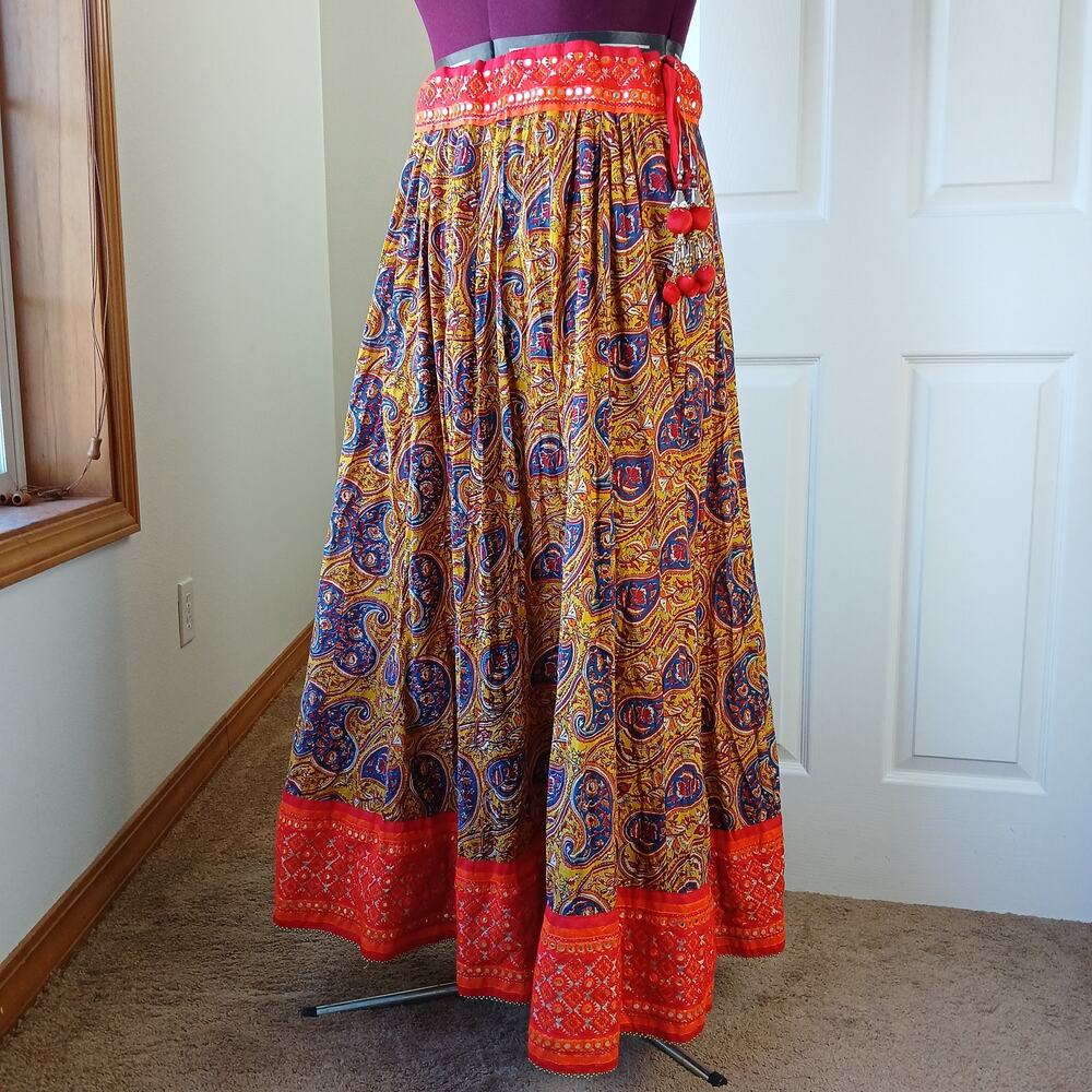 Orange Jaipuri Maxi Skirt handmade embroidery mirrors paisley zip tie Bollywood